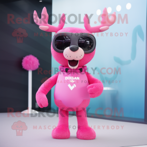 Pink Reindeer mascot costume character dressed with a V-Neck Tee and Sunglasses