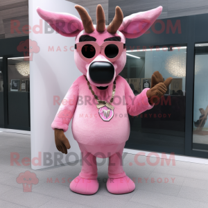 Pink Reindeer mascot costume character dressed with a V-Neck Tee and Sunglasses