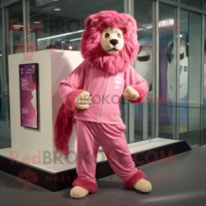 Pink Tamer Lion mascot costume character dressed with a Joggers and Wraps