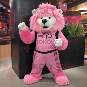 Pink Tamer Lion mascot costume character dressed with a Joggers and Wraps