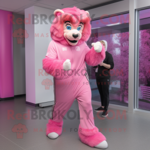 Pink Tamer Lion mascot costume character dressed with a Joggers and Wraps