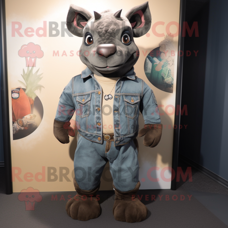 Black Rhinoceros mascot costume character dressed with a Bootcut Jeans and Earrings Black Rhinoceros mascot costume character dressed with a Bootcut Jeans and Earrings