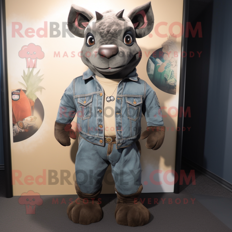 Black Rhinoceros mascot costume character dressed with a Bootcut Jeans and Earrings