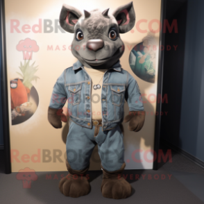 Black Rhinoceros mascot costume character dressed with a Bootcut Jeans and Earrings