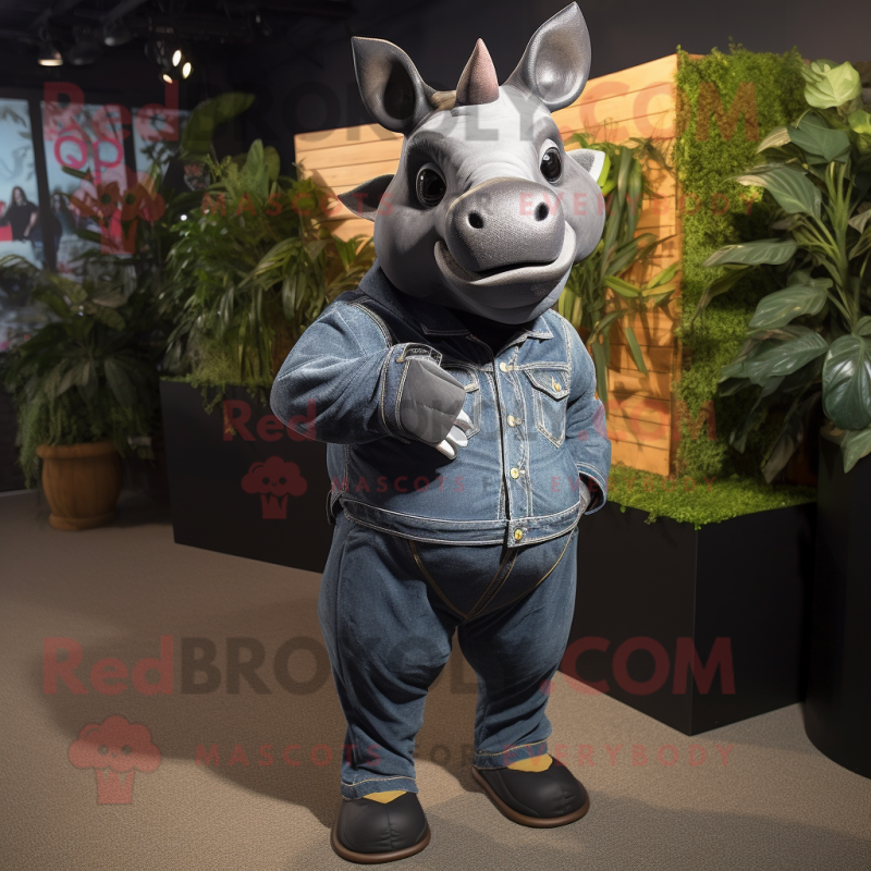 Black Rhinoceros mascot costume character dressed with a Bootcut Jeans and Earrings Black Rhinoceros mascot costume character dressed with a Bootcut Jeans and Earrings
