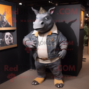 Black Rhinoceros mascot costume character dressed with a Bootcut Jeans and Earrings