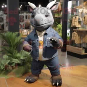 Black Rhinoceros mascot costume character dressed with a Bootcut Jeans and Earrings