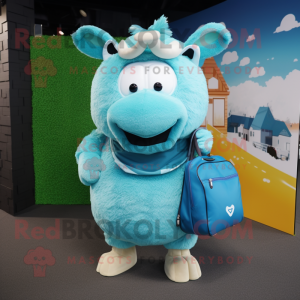 Cyan Beef Wellington mascot costume character dressed with a Shorts and Messenger bags