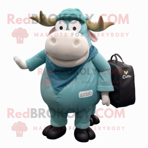Cyan Beef Wellington mascot costume character dressed with a Shorts and Messenger bags