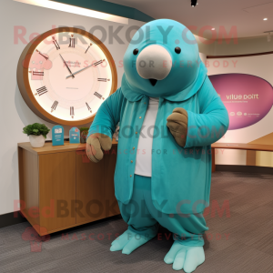 Teal Walrus mascot costume character dressed with a Culottes and Watches