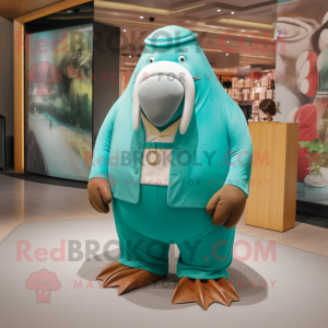 Teal Walrus mascot costume character dressed with a Culottes and Watches