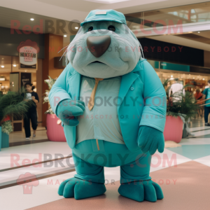 Teal Walrus mascot costume character dressed with a Culottes and Watches