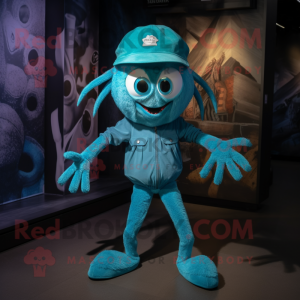 Turquoise Spider mascot costume character dressed with a Vest and Caps