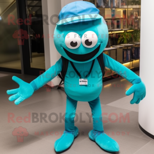 Turquoise Spider mascot costume character dressed with a Vest and Caps