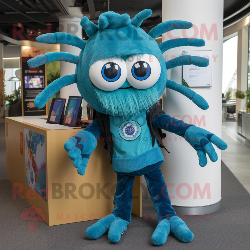 Turquoise Spider mascot costume character dressed with a Vest and Caps