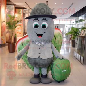 Gray Watermelon mascot costume character dressed with a Button-Up Shirt and Clutch bags