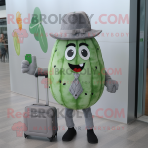 Gray Watermelon mascot costume character dressed with a Button-Up Shirt and Clutch bags