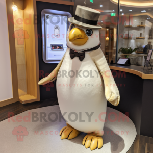 Cream Penguin mascot costume character dressed with a Dress and Tie pins