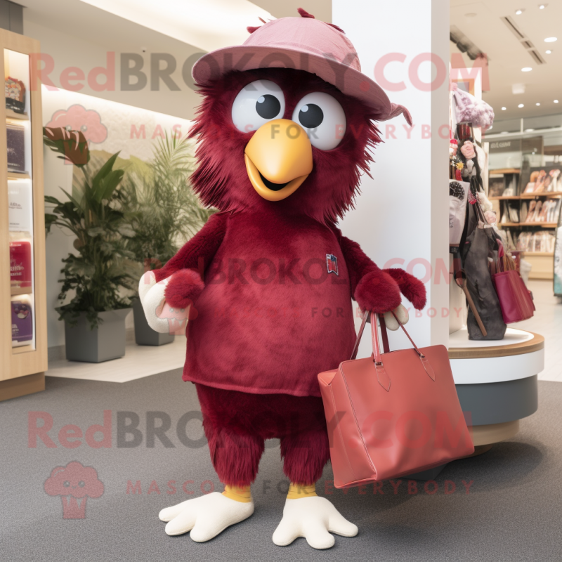 Maroon Kiwi mascot costume character dressed with a Capri Pants and Handbags Maroon Kiwi mascot costume character dressed with a Capri Pants and Handbags