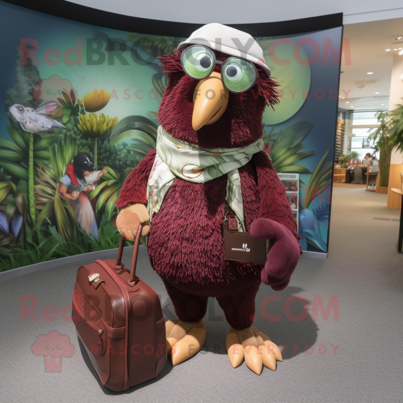 Maroon Kiwi mascot costume character dressed with a Capri Pants and Handbags Maroon Kiwi mascot costume character dressed with a Capri Pants and Handbags