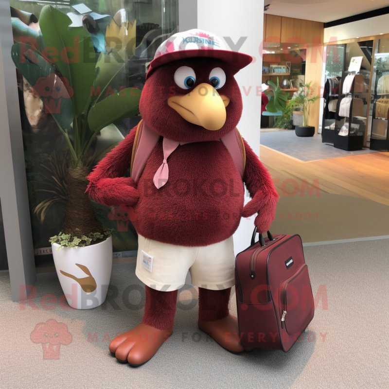 Maroon Kiwi mascot costume character dressed with a Capri Pants and Handbags