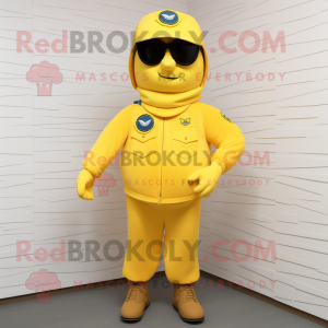 Yellow Air Force Soldier mascot costume character dressed with a Suit Jacket and Caps