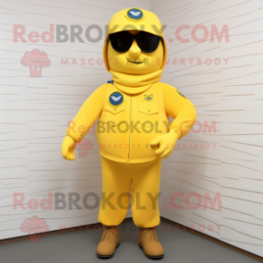 Yellow Air Force Soldier mascot costume character dressed with a Suit Jacket and Caps