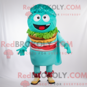 Fantasia de mascote de hambúrguer turquesa com bermuda e presilhas de cachecol - Mascotes de Hambúrguer - RedBrokoly.com