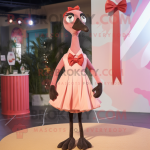 Brown Flamingo mascot costume character dressed with a A-Line Dress and Bow ties