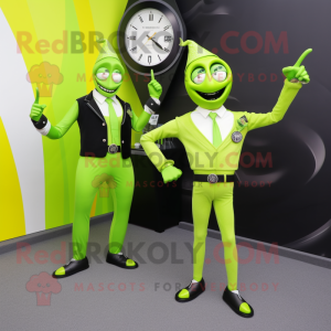 Lime Green Knife Thrower mascot costume character dressed with a Suit and Smartwatches