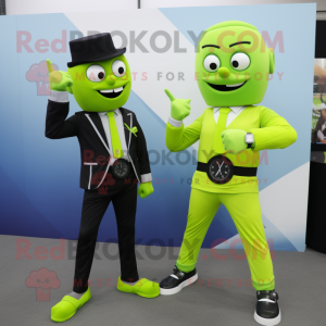 Lime Green Knife Thrower mascot costume character dressed with a Suit and Smartwatches