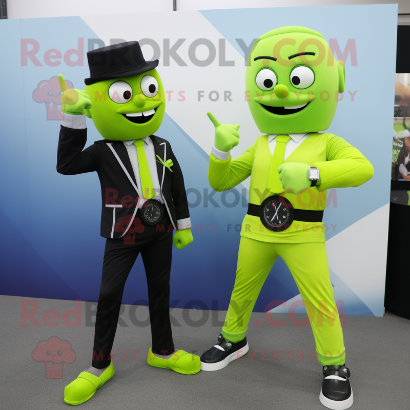 Lime Green Knife Thrower mascot costume character dressed with a Suit and Smartwatches