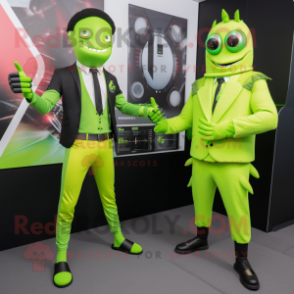 Lime Green Knife Thrower mascot costume character dressed with a Suit and Smartwatches