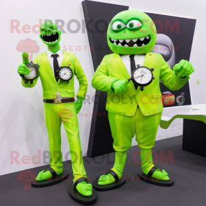Lime Green Knife Thrower mascot costume character dressed with a Suit and Smartwatches