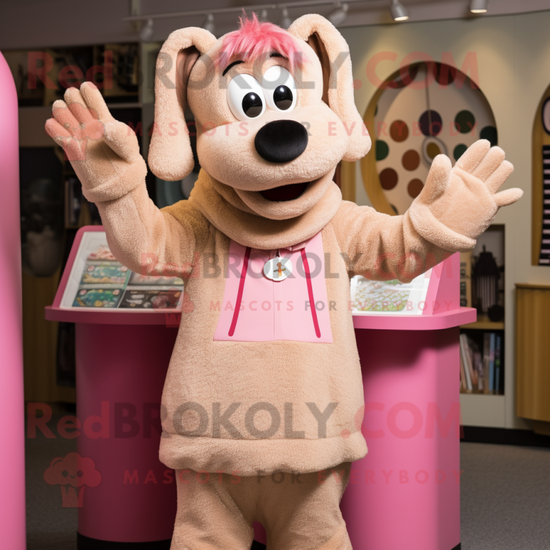 Tan Pink mascot costume character dressed with a Cardigan and Rings Tan Pink mascot costume character dressed with a Cardigan and Rings