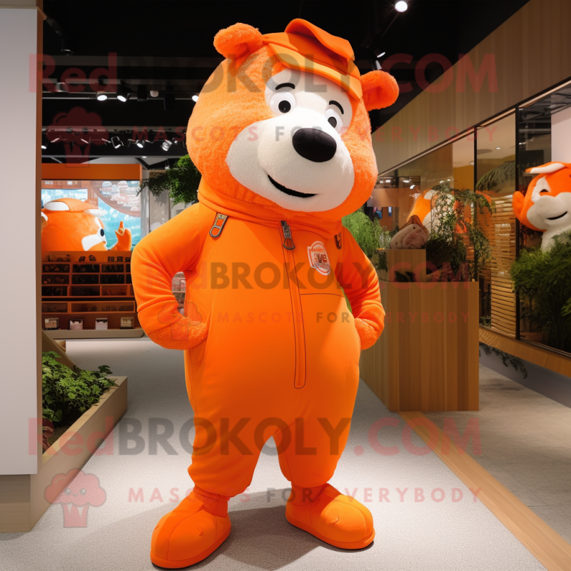 Orange Pig mascot costume character dressed with a Jumpsuit and Shoe laces