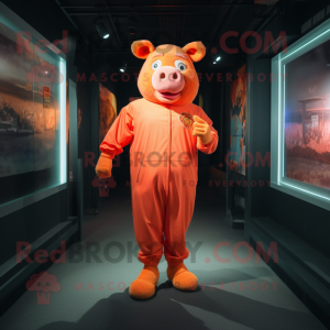 Orange Pig mascot costume character dressed with a Jumpsuit and Shoe laces