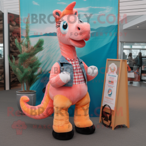 Peach Sea Horse mascot costume character dressed with a Flannel Shirt and Coin purses