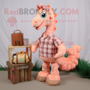 Peach Sea Horse mascot costume character dressed with a Flannel Shirt and Coin purses