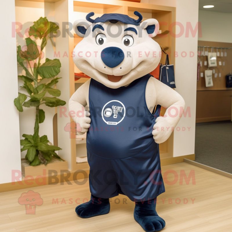 Navy Sow mascot costume character dressed with a Tank Top and Tote bags Navy Sow mascot costume character dressed with a Tank Top and Tote bags