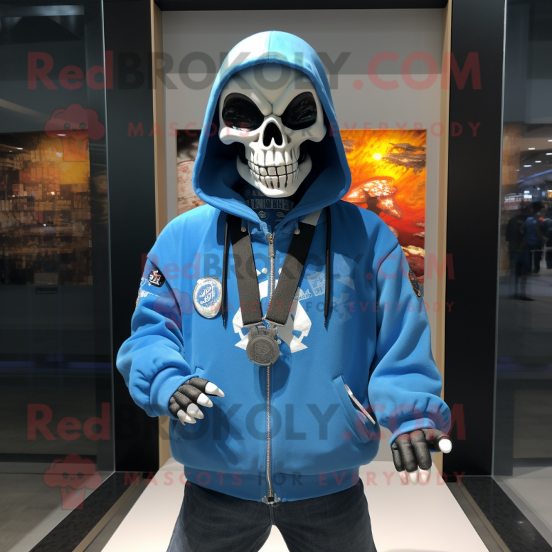 Blue Skull mascot costume character dressed with a Windbreaker and Keychains