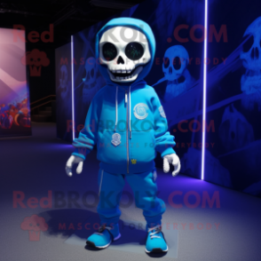 Blue Skull mascot costume character dressed with a Windbreaker and Keychains