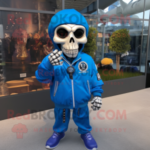 Blue Skull mascot costume character dressed with a Windbreaker and Keychains