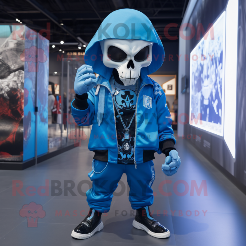 Blue Skull mascot costume character dressed with a Windbreaker and Keychains Blue Skull mascot costume character dressed with a Windbreaker and Keychains