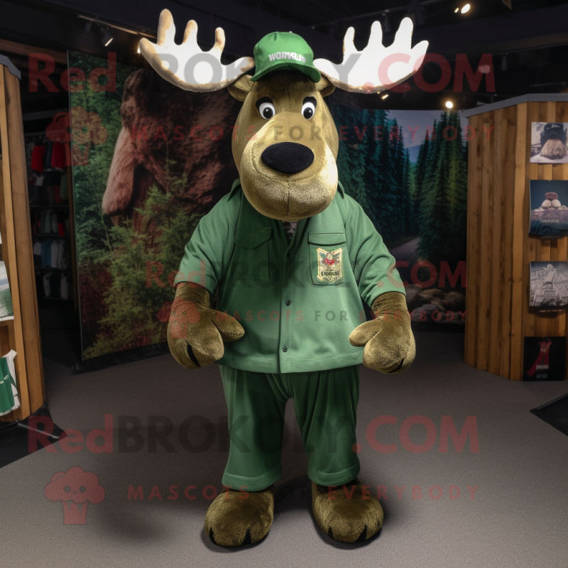 Forest Green Moose mascot costume character dressed with a Button-Up Shirt and Foot pads