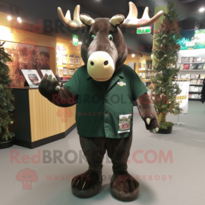 Forest Green Moose mascot costume character dressed with a Button-Up Shirt and Foot pads