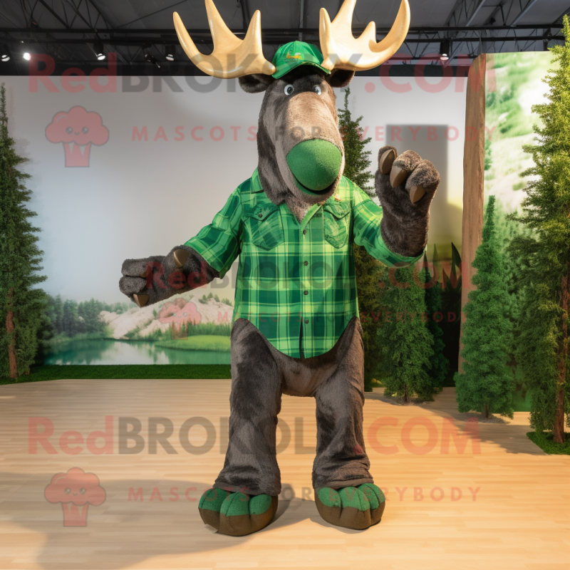 Forest Green Moose mascot costume character dressed with a Button-Up Shirt and Foot pads