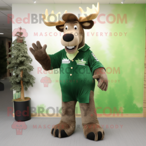 Forest Green Moose mascot costume character dressed with a Button-Up Shirt and Foot pads