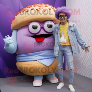 Lavender Hamburger mascot costume character dressed with a Boyfriend Jeans and Necklaces