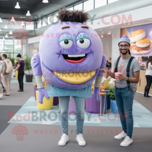 Lavender Hamburger mascot costume character dressed with a Boyfriend Jeans and Necklaces